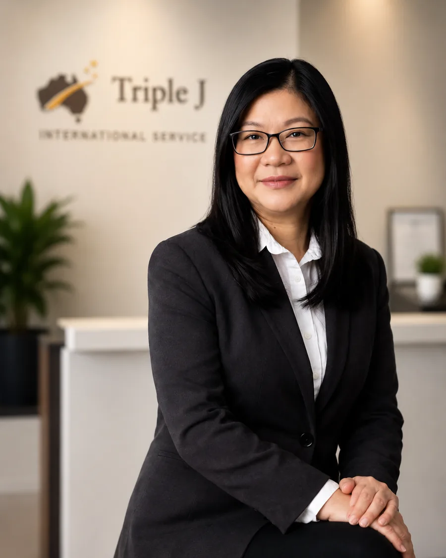 Jenny Satya Graha seated in her Melbourne office, looking at the camera